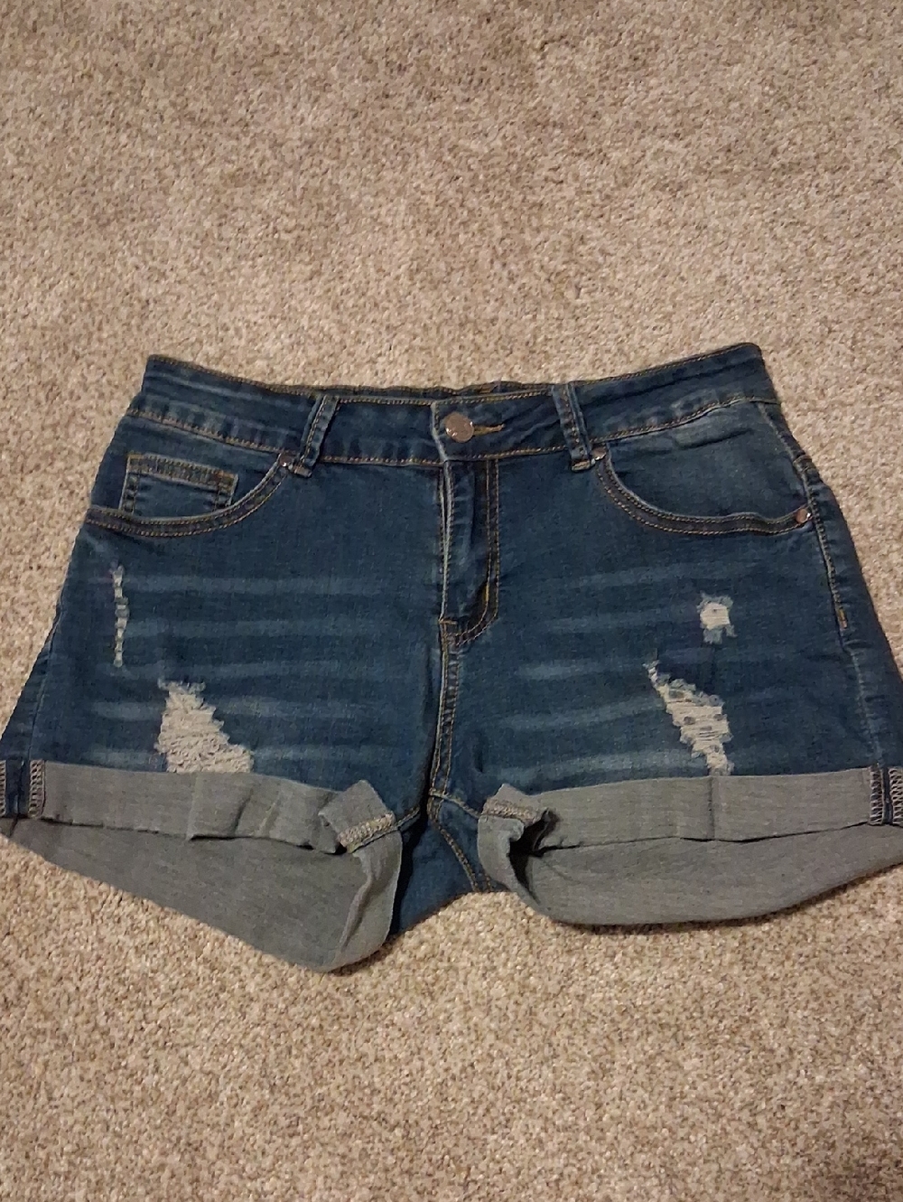 Women's Dark Blue Distressed Roll-Cuff Denim Shorts